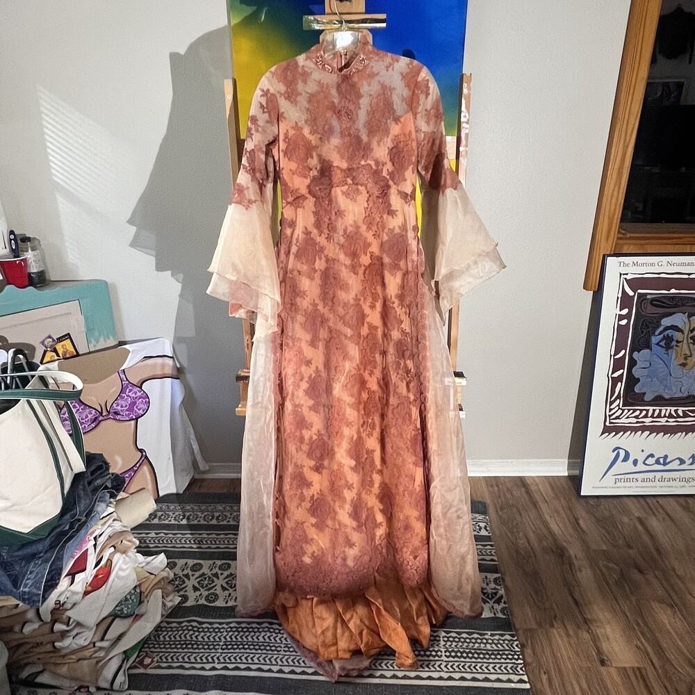Vintage Alfred Angelo Dress Pink Organza Wedding Lace Gown Edythe Vincent 1950s
